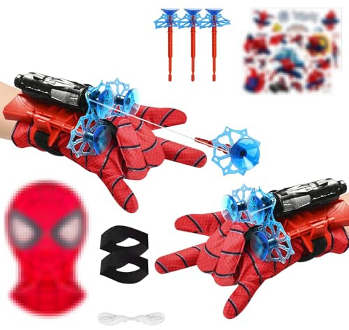 Lot de 2 Gant de Lanceur Spid-ER, Jouets de Poignet Lanceur de Héros Spid-ER, Spid-ER Launcher avec Masque et Autocollants, Gants Spid-ER Lance Toile, Gant de Cosplay en Plastique pour Enfants