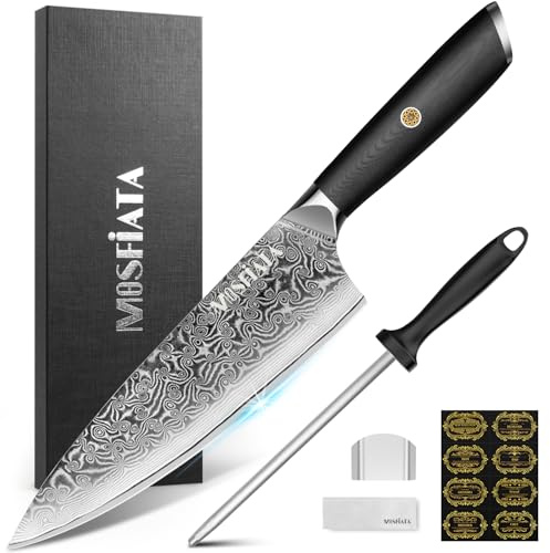 MOSFiATA Damastmesser Kochmesser 20 cm Damast Küchenmesser mit Wetzstahl | Fleischmesser Extrem Scharf Chefmesser aus 67 Schichten Damaststahl mit ergonomischem G10-Griff, breitere und größere Klinge