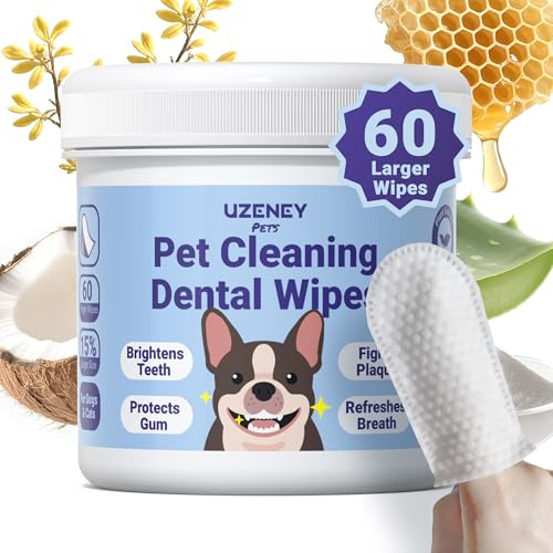 Pet Teeth Cleaning Wipes, Dental Care Finger Wipes for Dogs & Cats, Plant Extract Ingredients Help Refresh Breath & Control Plaque & Protect Gum, Larger Size, Unscented, 60pcs