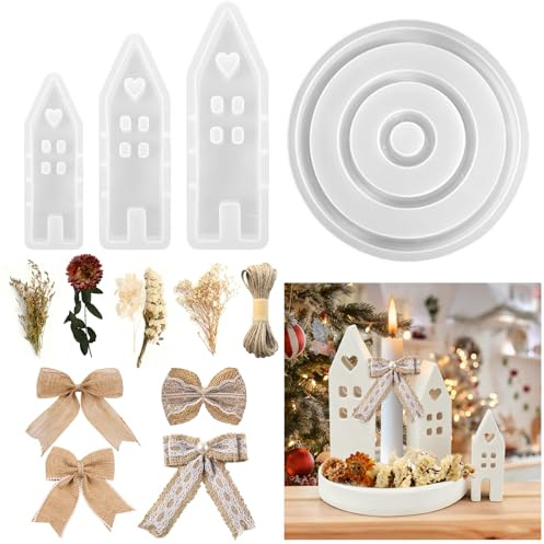 10 Stück Silikonform Kerzenhalter Set, Silikonformen Gießformen Häuser Set enthält Silikonform Haus, Trockenblumen und Simulierten Greenery, Schleifen,Bündel Gießform Kerzenhalter für Handwerk