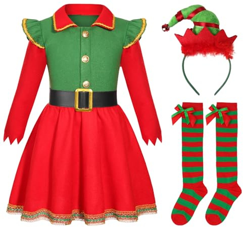TAGVO Costume da Elfo Natalizio per Bambini, Abito Natalizio Elegante con Cerchietto Natalizio Calzini, Set di Abiti da Festa Natalizi per Bambine Dai 3-11 Anni