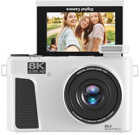 Annadue Fotocamera Mirrorless WiFi, Fotocamere 8K 88MP per Fotografia con Scheda da 32GB, Fotocamera Vlog con Zoom Digitale Autofoucs 18X con Schermo Flip a 180°, Flash Pop Up (WHITE)