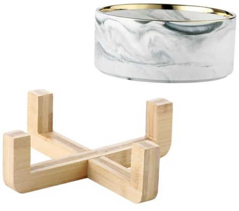TOBBOMEY Nordische Keramikschüssel mit Marmoroptik und Holzständer Futternapf für Katzen und Hunde Ergonomisch Erhöhter Wassernapf und Futterschüssel für Sauberes Fressen und Trinken