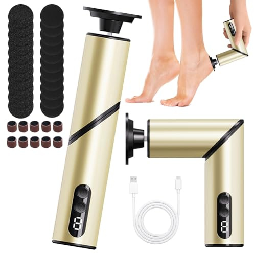 Rapeuse Pieds Électrique 2-en-1 Pliable | Kit Pédicure Professionnel pour Callosités & Ponceuse à Ongles | 30 Accessoires, Autonomie 8H, Sans Fil | Soin des Pieds à Domicile(Or champagne)