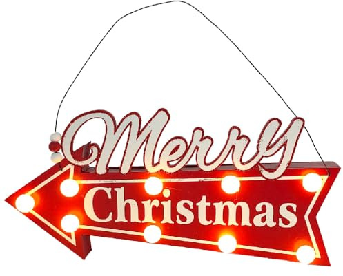 Maury's Insegna Luminosa “Merry Christmas” - In Legno, Forma di Freccia, con LED, Da Appendere, per Pareti, Porte, Decorazione Natalizia, Casa, Negozio, Ufficio - 30X16 cm