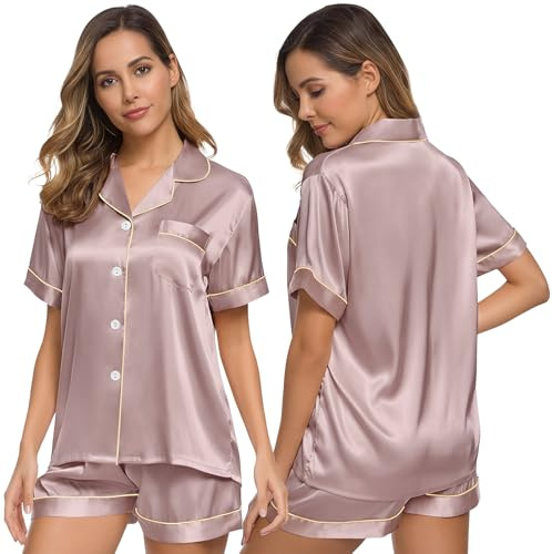 viiotu Ladies Silk Satin Pyjamas for Women Two Piece Shorts Pjs Set Silky Sleepwear Soft Breathable Summer Loungewear Bride Party (UK, Alpha, XL, Regular, Regular, Pink)