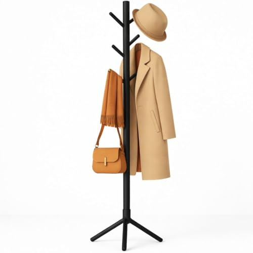 ZUNOVI Perchero de Pie de Madera Forrada | Estilo Árbol, Altura Ajustable, 8 Ganchos, Base Estable, Ideal para Entrada, Dormitorio u Oficina, Montaje sin Herramientas (Negro)