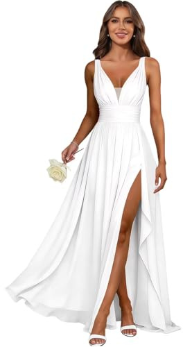 jdoiweidm Beach Wedding Dresses for Bride Pleated Chiffon V Neck Ruffle A Line Bridal Gown White Formal Dress Size 10