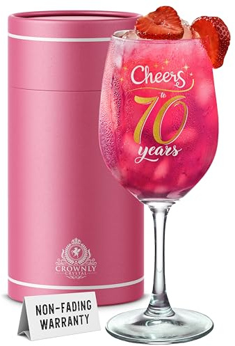 CROWNLY CRYSTAL Copa Vino Cristal Regalo Personalizado Mujer 70 Años Cheers To 70 Years Cumpleaños Mujer Aniversario Brindis Elegante Copa Para Vino Cava Y Cócteles Recuerdo Especial