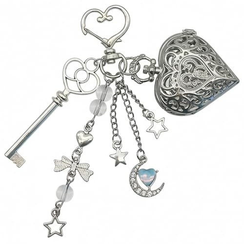 Roioiow Vintage Pocket Watch Keychain with Heart Hollow-Out Design - Y2K Pendant for Women Men, Metal Bag Charm (Silver)