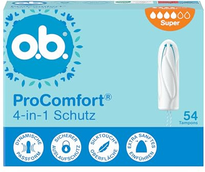 o.b. ProComfort Super 4-in-1 Schutz Tampons, 1 x 54 Stk | Tampons mit extra sanfter Spitze für einfaches Einführen und bis zu 100% Auslaufschutz, ideal für Sport und Alltag