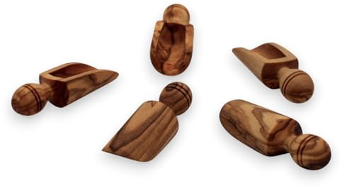 Lot de 5 cuillères doseuses en bois d'olivier (petite taille) - Cuillères doseurs pour épices, sel et café - Dosage précis, faites à la main et durables