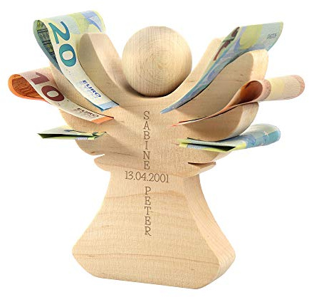 Casa Vivente Holzengel mit Gravur zur Hochzeit, Personalisiert mit Namen und Datum, Verpackung für Geldgeschenke, Hochzeitsgeschenke für Brautpaar