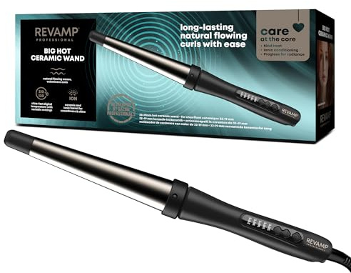 Revamp Progloss Big Hot Wand – Heated Ionic Ceramic Hair Wand for Loose Curls and Waves, Super Smooth Oil Infused Barrel, Variable Temperature, Built in Stand and Heat Resistant Glove Included
