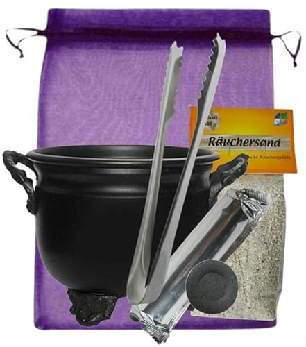 Hexenkessel Räuchergefäß Räucherschale Zauberkessel (Caldron) zum räuchern 6-tlg Räucherset mit Räucherzange, Räucherwerk und Räucherzubehör. 3725-1Z