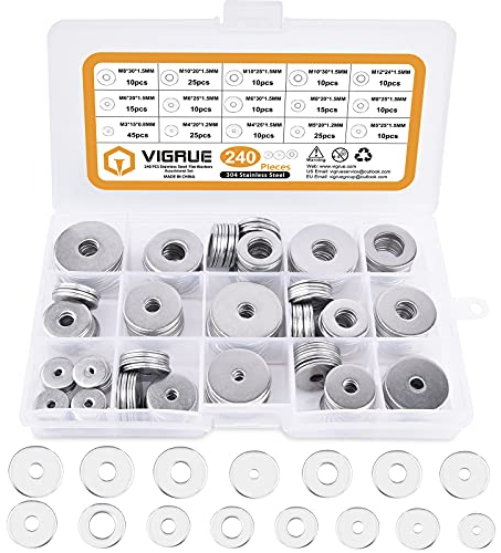 VIGRUE 240 Stück Flache Unterlegscheiben Set, Beilagscheiben Sortiment 7 Größen M3 M4 M5 M6 M8 M10 M12, Sicherungsscheiben Aus 304 Edelstahl in Sortimentskasten