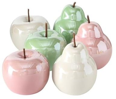 RiloStore 6er Set Deko Apfel Birne Dekoapfel Obst Früchte Äpfel Birnen nr2721 Dekoobjekt Keramik 10cm Stillleben Herbstdeko grün rosa Weiss Creme