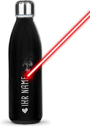 Trinkflasche mit Gravur selbst gestalten - mit Name & Herz Symbol gravieren - Glasflasche, Wasserflasche BPA-frei, Camping, Schule, Sport I Personalisiertes Geschenk, Lasergravur, 650 ml, schwarz