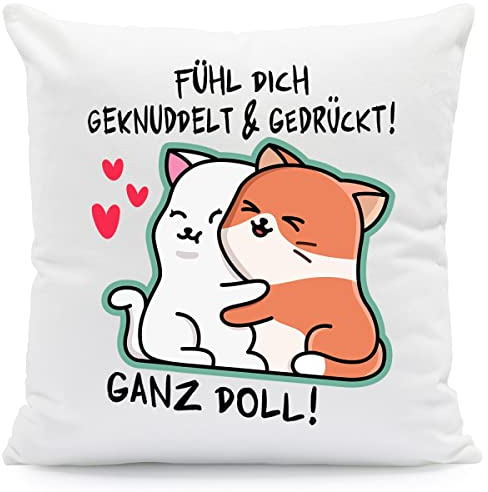 GRAVURZEILE Kissen mit Spruch - Fühl Dich geknuddelt und gedrückt! Ganz Doll - Geschenk für Freund Freundin Partner zum Geburtstag Weihnachten Valentinstag - Für Sie & Ihn - Farbe: mit Füllung