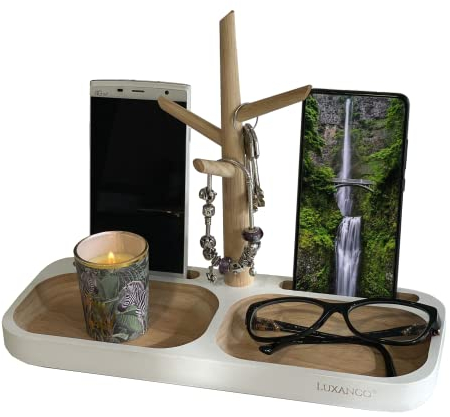 LUXANCO Schlüsselschale und Taschenleerer Holz mit 2 Fächern für Münzen, Uhren... Schlüsselkorb - Handyhalterung Tisch Holz - Schminktisch Zubehör - Dekoschalen - Weiß