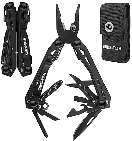 Swiss+Tech Alicates Multifunción, 16 en 1 Alicates Multiusos, Herramienta Multifuncional Plegable de Acero Inoxidable con Alicates Sierras Destornillador Lima para Camping Senderismo, Negro