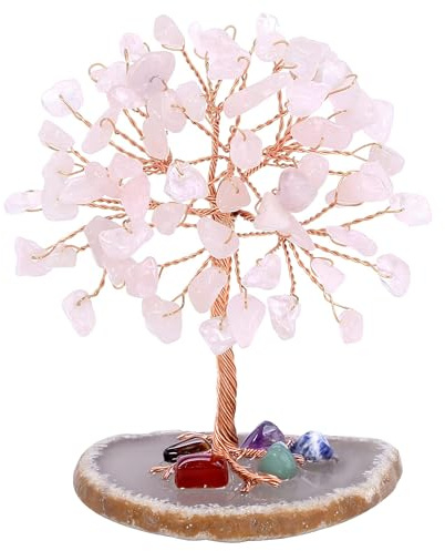 GEFIRE Chakra Steine Kristallbaum 9-10 cm Premium Kristall Lebensbaum 7 Chakra Baum für Heilung Edelsteinkristall Bonsai Baum Geldbaum Baum des Lebens Spirituell Esoterik Feng Shui (Rosa Kristall)