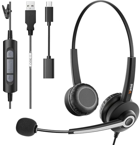 Wantek 682N Headsets with Microphone Noise Cancelling and USB Connector Type C Adapter for Call Center Computers PC Office Business Calls Online Conference Team Meetings Gaming Music