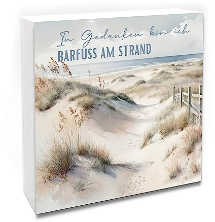 Interluxe Holzblock - In Gedanken Bin ich barfuss am Strand - Maritim - Dekobild mit Spruch Holz Schild als Holzaufsteller Meer Küste Urlaub