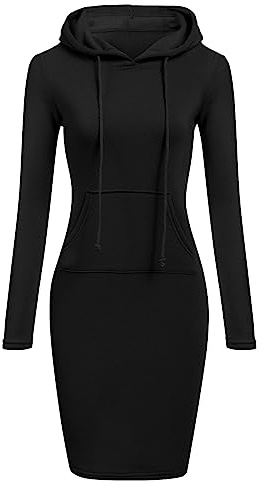 aromm Femmes Capuche Robes Pullover Manches Longues Longueur Genou Désinvolte Hoodie Sweatshirt avec Poches Noir, M