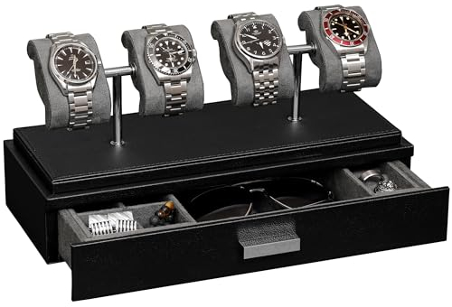 ROTHWELL Luxus-Uhren-Vitrine für 4 Uhren - Uhrenbox aus Leder mit Acryl-Abdeckung und abnehmbaren Einschubkissen - Zubehörschublade mit mehreren Konfigurationen (Schwarz/Grau)