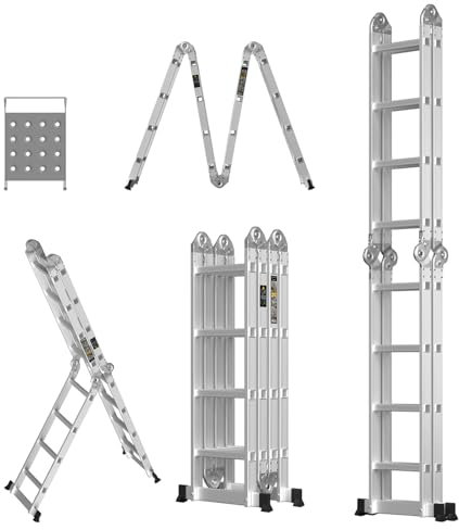 4.7M / 15.4ft Multi-purpose Folding Ladder Aluminum 14 Various Shapes, Heavy Duty Telescopic Ladder Step Ladder 4x4 Steps with 2 Stabilizer Bars and 1 Tool Tray, 330lbs Load Capacity, EN131