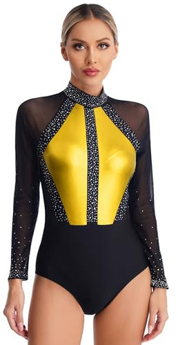 Mufeng Damen Turnanzug Glitzer Gymnastikanzug Mesh Patchwork Ballettanzug Langarm Gymnastik Leotard Akrobatik Wettkampf Tanzkostüm Gold XL