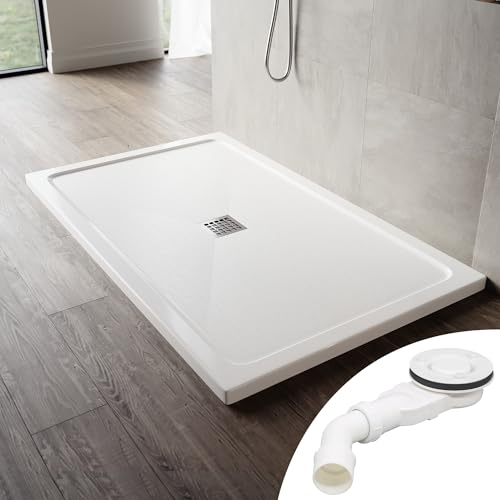 SONNI Quadratische Form Duschtasse 150x90x4 cm - mit flachem Design, Rutschfeste Duschwanne aus, Material SMC, Mittige Entwässerung, inklusive Ablaufgarnitur