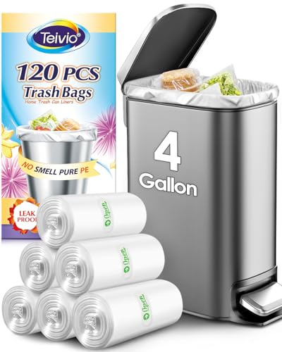 Teivio Bolsas de basura fuertes de 15 litros, 120 unidades, para bolsas de basura de 3, 3.5, 4 galones, bolsas de basura de baño, bolsas de plástico pequeñas para cubos de basura en casa, oficina
