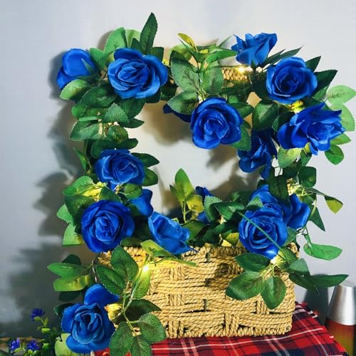 Künstliche Rose Licht,LED Lichterkette mit Blättern Rose,2M 20LED Blume Blatt Girlande Lichterkette Batteriebetrieben Rose Blume Girlande (Blau Rose, 4 Stück)