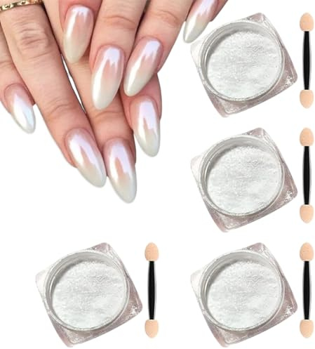 4 Weiße Perle Chrom Nagelpuder Glitzerpuder Transparent Aurora Ice Shimmer Chrome Pigment Pulver für Nägel Neon Pearl Effect Glitter Nagelkunst-Pulver für Nägel DIY-Salon
