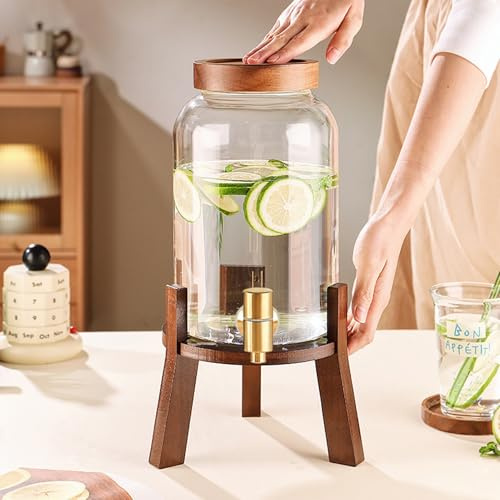 Beverage Dispenser with Wood Stand and Lid, Drink Dispenser with Spigot, Glass Liquid Containers, Wide Mouth Beverage Server for Juice Tea Wedding(5L)