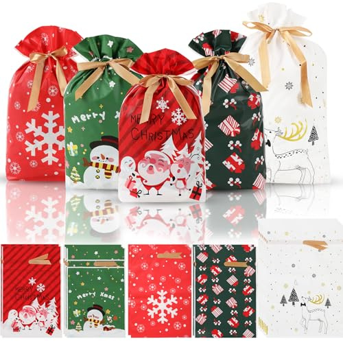 KESIKA Sacchetti di Natale in plastica, sacchetti regalo con coulisse, sacchetti natalizi per confezionare snack, per feste di compleanno, matrimoni, bomboniere, stile casuale, 15 pezzi