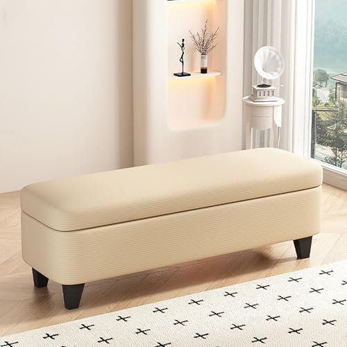 Moderne Ottoman-Bank aus Cord mit Stauraum und großem Stauraum, rechteckige Akzentbank für Wohnzimmer, Eingangsbereich, Schlafzimmer, Bettbank, cremefarben (120 x 40 x 40 cm)