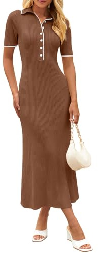 MEROKEETY Robe Longue Moulante en Tricot côtelé avec col en V et Manches Courtes pour Femme, Chocolat, Taille L
