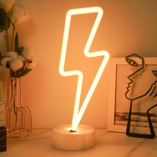 JEMESI Lightning Shaped Neon Signs Lights, Bedroom Night Light, LED Lightning Night Lights- Powered by Battery/USB with Base for Bedroom Birthday Bar Party Gifts for Kids(Warm White)