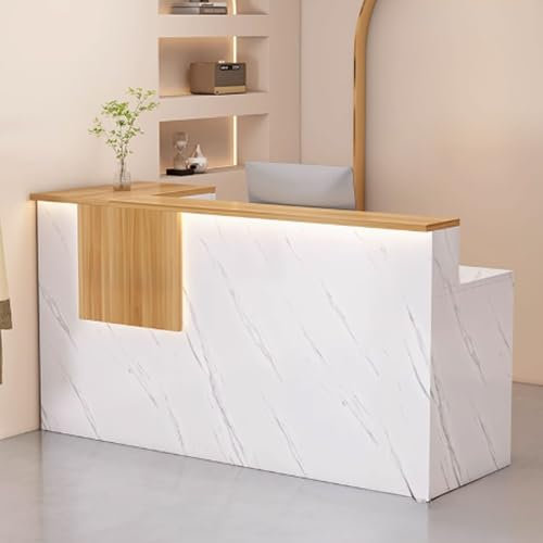 GUQASDV Reception Desk Modern, Reception Table, Empfangstresen für Praxis, Bürotheke Reception Tisch mit Sanfter Beleuchtung für Schönheitssalons, Bekleidungsgeschäfte(White texture+light brown,120cm)