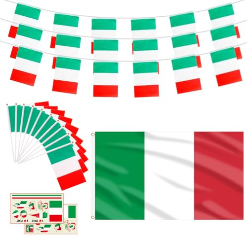 Italian Flag Set - 10m Italian String Flag 1 Italy Large Flag 10 Italy Hand Waved Flags 2 Tattoo Stickers Patriotic Event Holiday Decoration Parade Supplies Patriotic Theme Party | Football Sports Event Fan Parade Patriotic Holiday Festival Patriotic Party Street Gift Celebration Indoor Outdoor Decoration