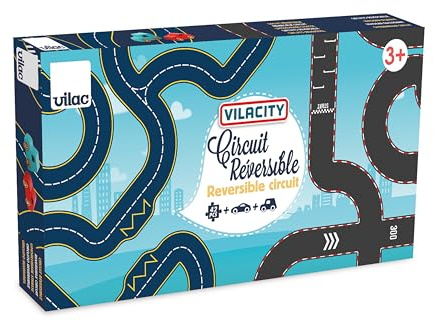 VILAC - Circuito reversibile 42 pezzi + 2 auto - Auto in miniatura in legno - 42 pezzi di circuito da montare + 2 auto in legno - giochi di veglia per bambini in legno - dai 3 anni - 2350