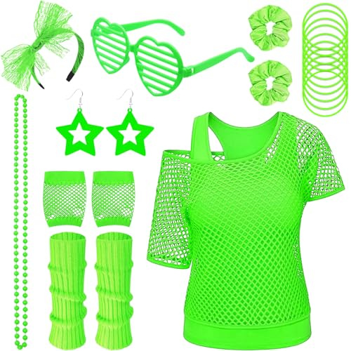 Saier tbo 20 Stück 80er Jahre Outfits für Damen, 1980er Kostüm Zubehör Set mit Netzoberteil Tanktop Beinwärmern Netzhandschuhen für Mädchen Karneval 80er Disco Cosplay Mottoparty