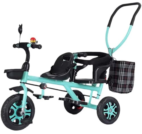 Triciclo tándem de dos asientos, triciclo con ruedas de titanio, cochecito de empuje con barra de empuje, asiento trasero con cinturón y apoyabrazos, frenos de pie en las ruedas traseras