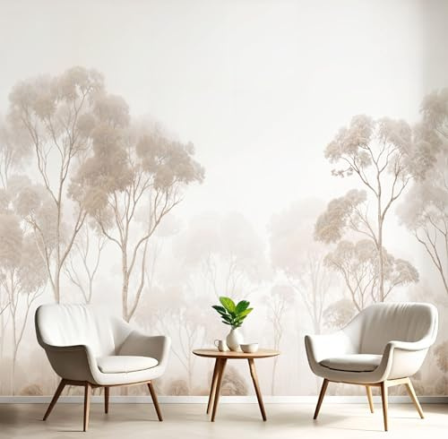 JEDTAKCT Papier Peint Panoramique Beige, Papier Peint Soie Motif Forêt D'Eucalyptus Brumeuse, Tapisserie Panoramique Salon, Décoration Murale Aquarelle Vintage Chambre Appartement, 400X280Cm