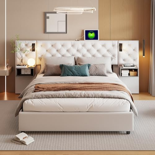 Teahutty Bett 140x200 mit Kopfteil Leselicht und USB, Stauraumbett mit 2 Nachttischen Bettanlage, Jugendbett mit Lattenrost, Samt (Beige+Leselampe, 140x200 cm)