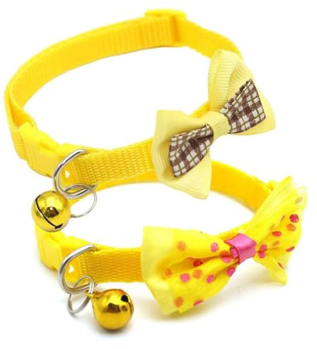 Yellow Cat Collar with Bells, 2-Pack Dog Collar with Bell Cute Bowtie Puppy Collar Nylon Adjustable Buckle for XXS XSmall Girl Pets Female Kitten Yorkie Teacup Chihuahua X-Small, Neck 7-12 Inch