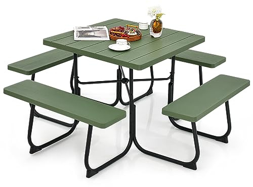 GIANTEX Gartenmöbel Picknicktisch Set 8 Personen, Bierzeltgarnitur Gartentisch mit 4 Bänken, Biertisch mit Schirmloch, Garten Sitzgruppe wetterfest aus HDPE, Biertischgarnitur (Grün)
